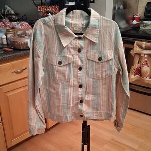 Striped Pastel Jean Jacket Embroidered On Back Of Jacket